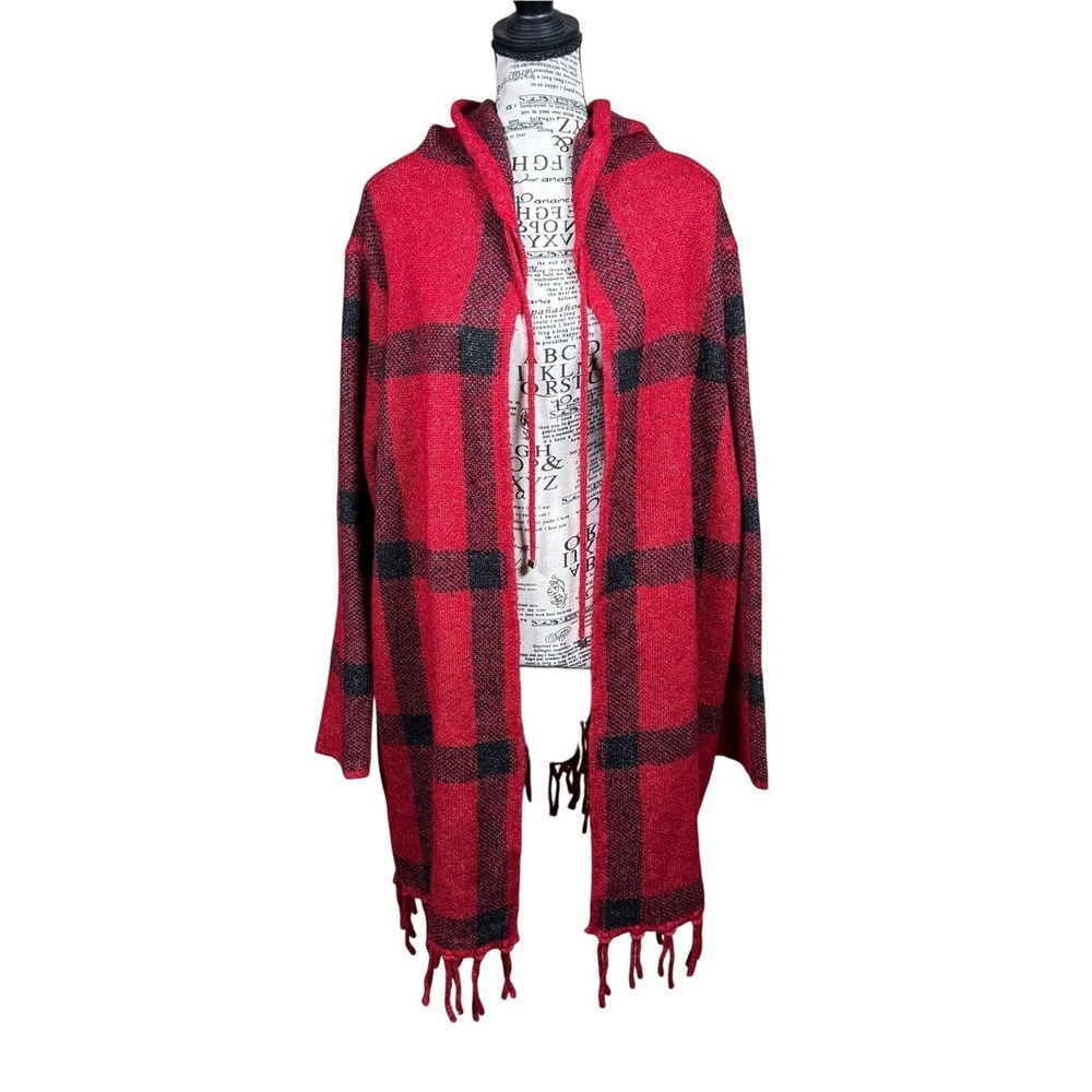 Adrienne Vittadini Red and Black Plaid Hooded Fringe‎ Cardigan